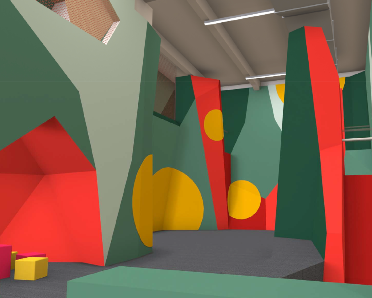 Visualisierung Kinderbereich in der boulderbar St. Pölten mit grünen und roten Kletterwänden