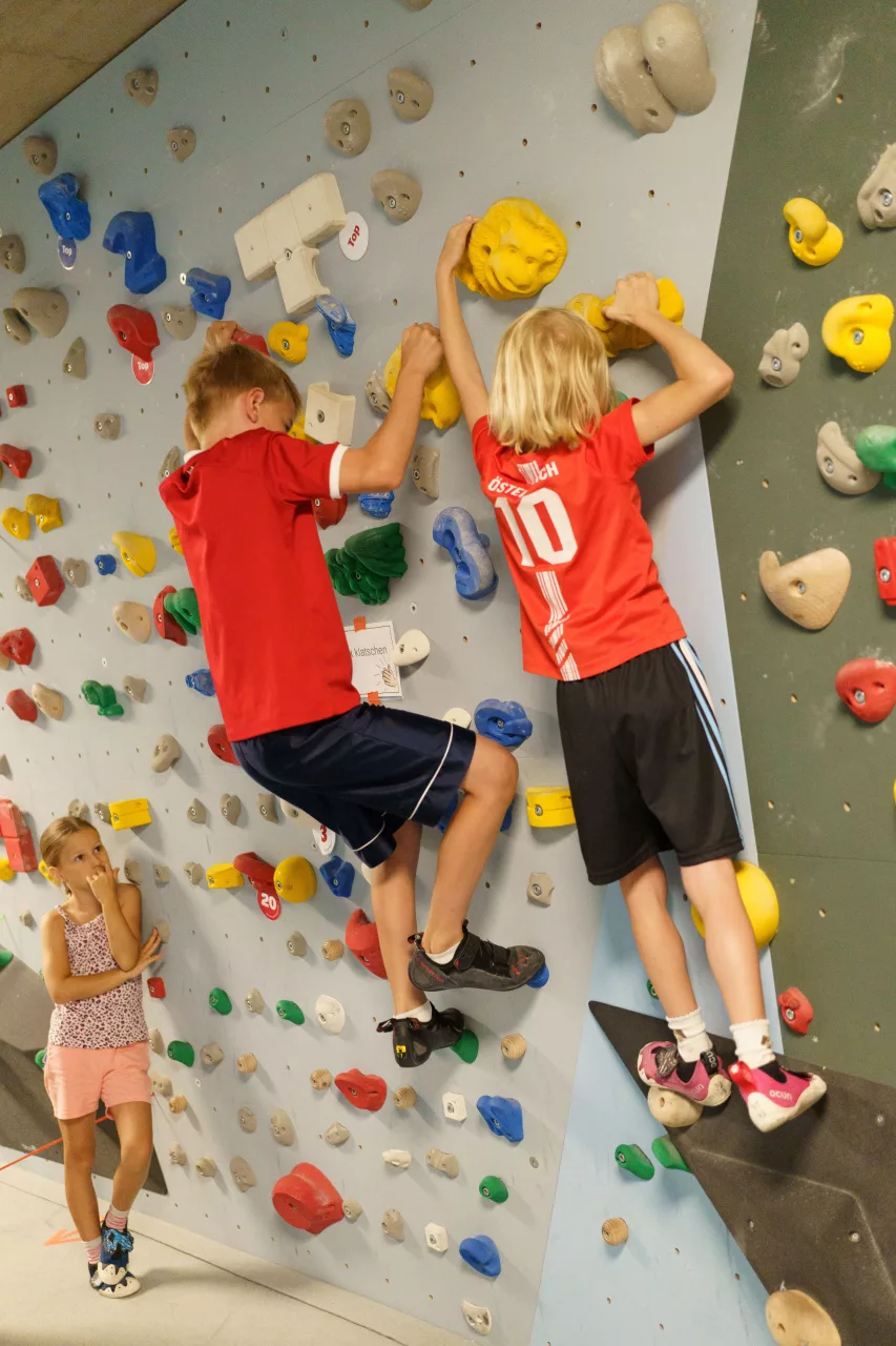 Zwei Jungs klettern an einer Kletterwand, während ein Mädchen daneben steht und zusieht